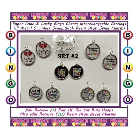 Bingo Earrings (5) Sets Bingo Sweet Lucky Bingo Ball Earrings Button Earrings - Picture 2 of 8